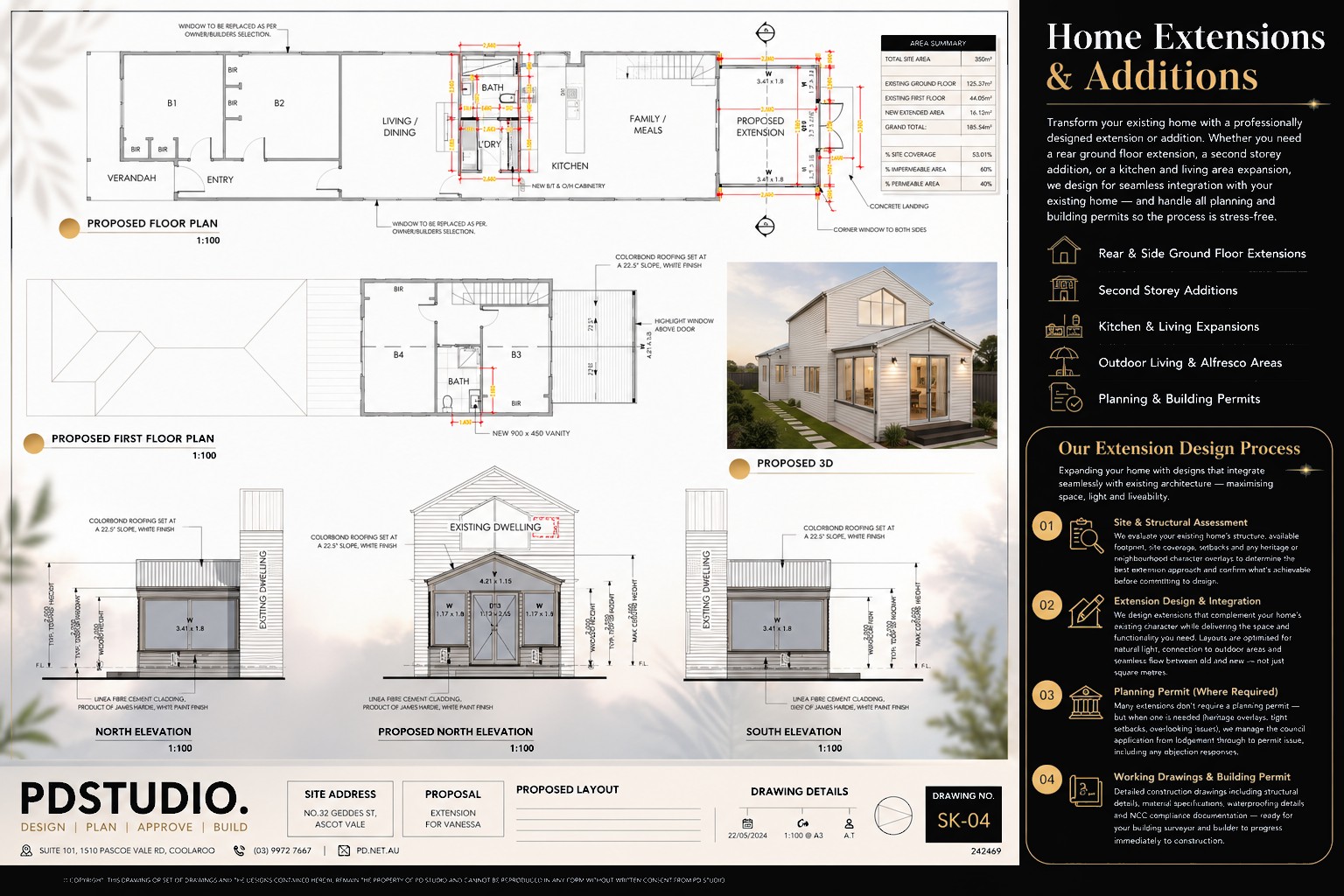 PD Studio working drawing — extension and additions, showing floor plans, elevations and site details